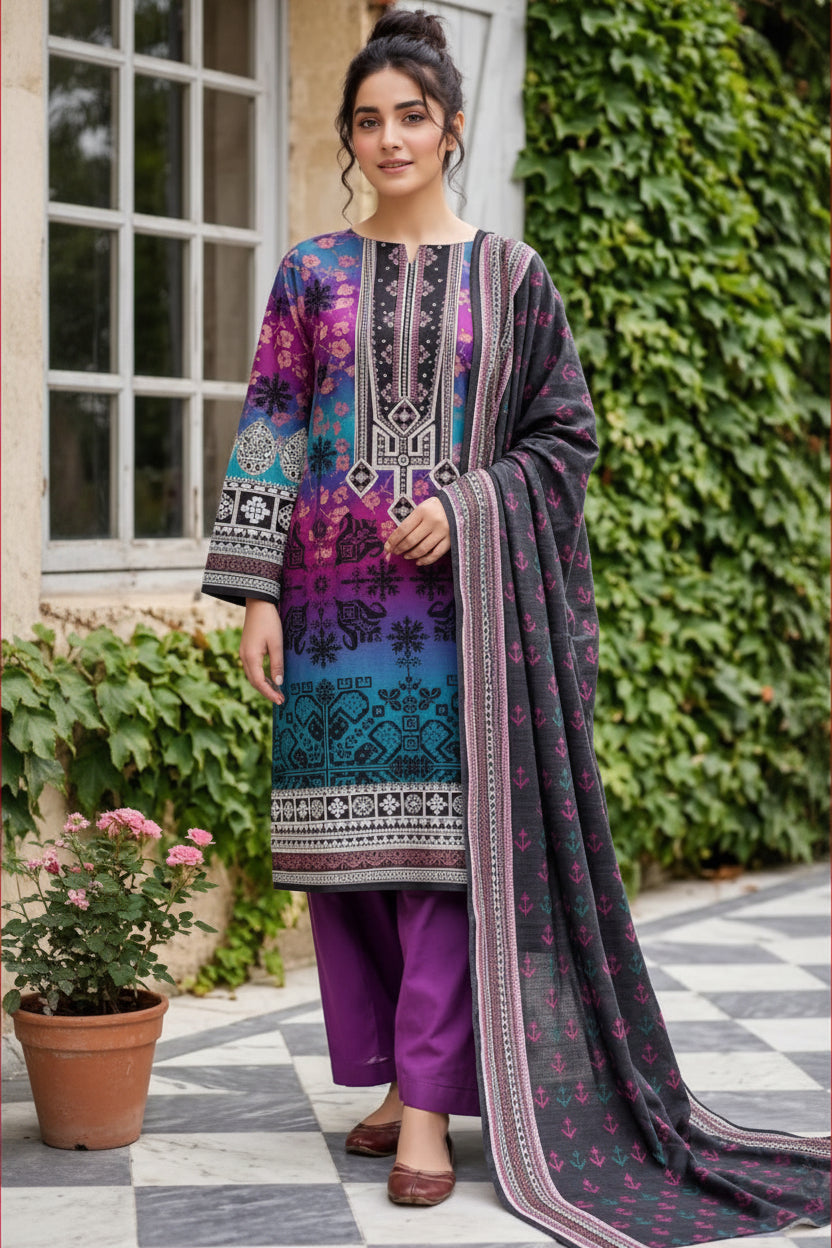 3-PIECE UNSTITCHED PRINTED LAWN SUIT WITH CAMBRIC TROUSER- V4