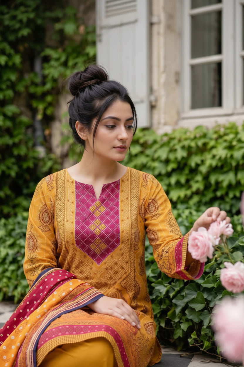 3-PIECE UNSTITCHED PRINTED LAWN SUIT WITH CAMBRIC TROUSER- V5