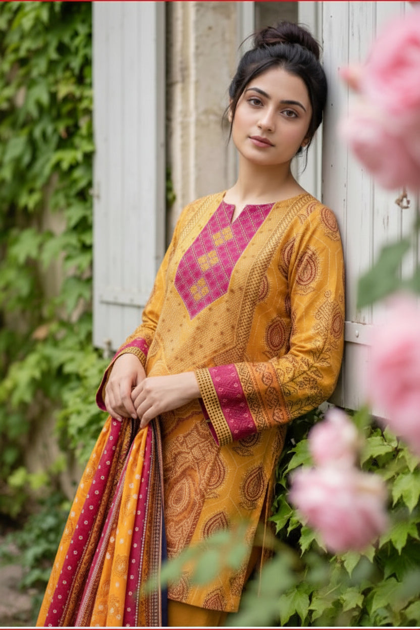 3-PIECE UNSTITCHED PRINTED LAWN SUIT WITH CAMBRIC TROUSER- V5