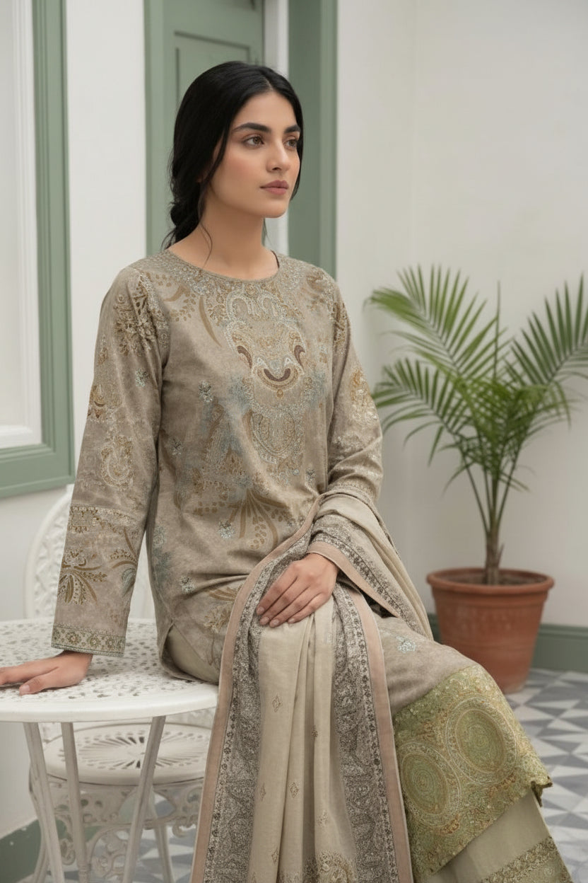 3-PIECE UNSTITCHED DIGITAL PRINTED AND EMBROIDED LAWN SUIT- V8