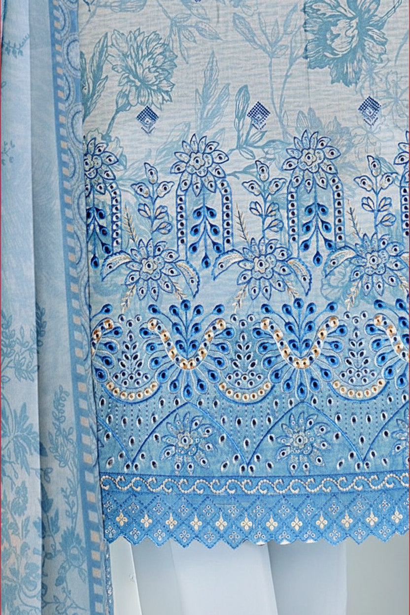 3-PIECE UNSTITCHED DIGITAL PRINTED AND EMBROIDED LAWN SUIT- V4