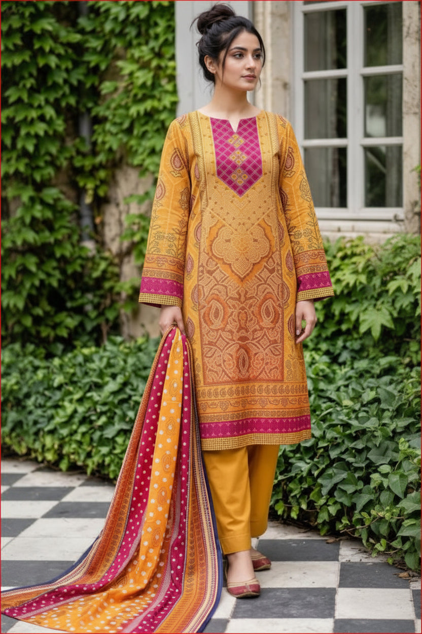 3-PIECE UNSTITCHED PRINTED LAWN SUIT WITH CAMBRIC TROUSER- V5
