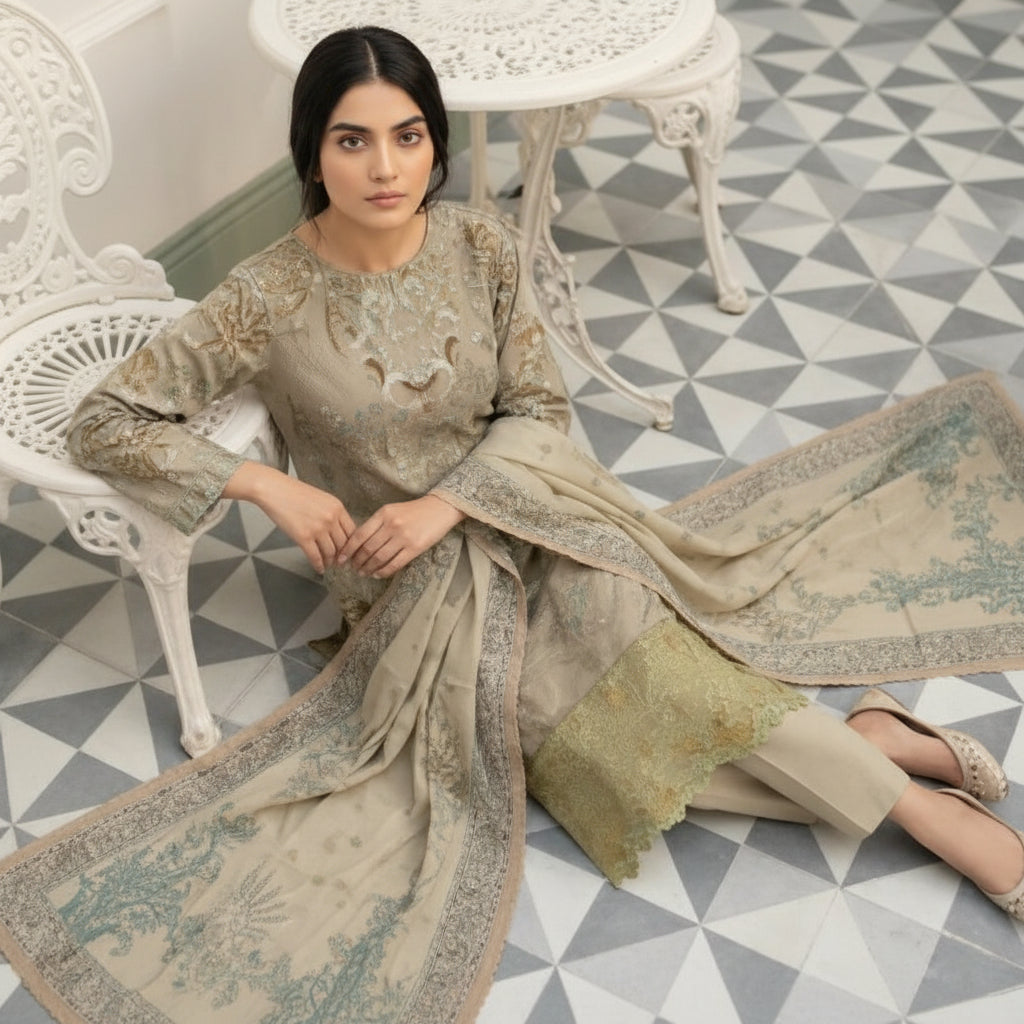 3-PIECE UNSTITCHED DIGITAL PRINTED AND EMBROIDED LAWN SUIT- V8