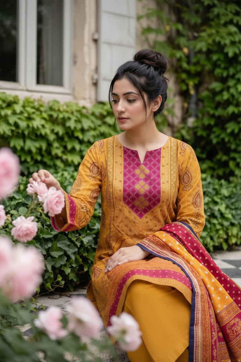 3-PIECE UNSTITCHED PRINTED LAWN SUIT WITH CAMBRIC TROUSER- V5