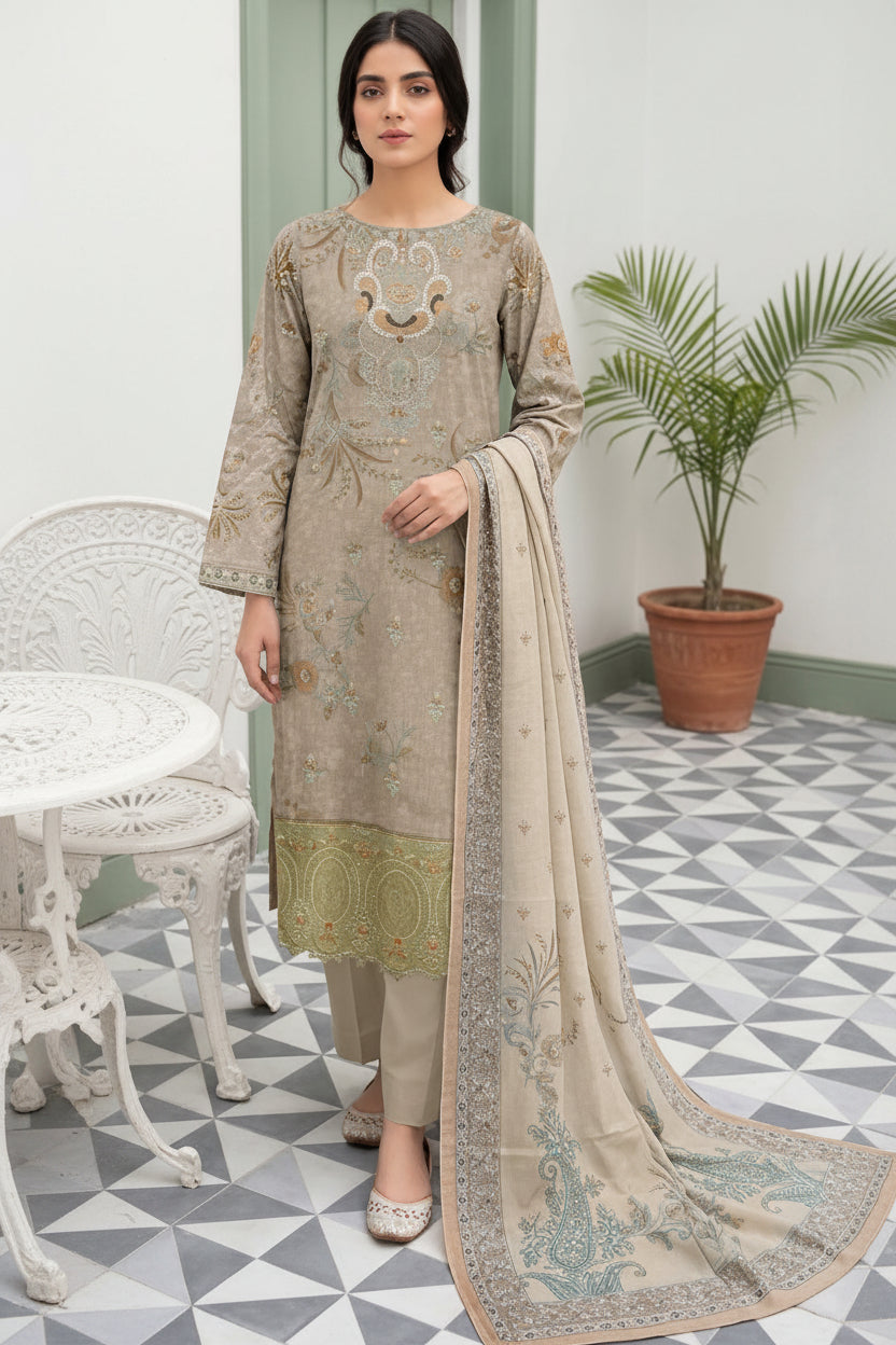3-PIECE UNSTITCHED DIGITAL PRINTED AND EMBROIDED LAWN SUIT- V8