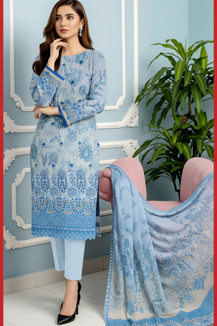 3-PIECE UNSTITCHED DIGITAL PRINTED AND EMBROIDED LAWN SUIT- V4