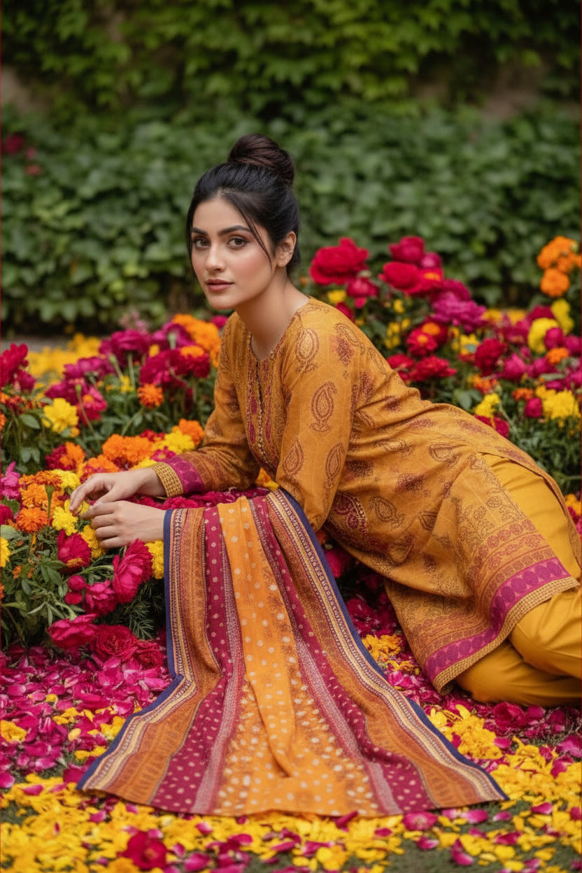 3-PIECE UNSTITCHED PRINTED LAWN SUIT WITH CAMBRIC TROUSER- V5