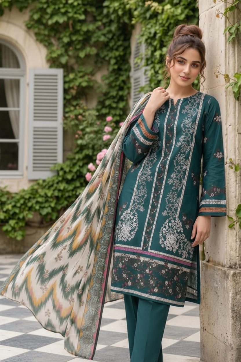 3-PIECE UNSTITCHED PRINTED LAWN SUIT WITH CAMBRIC TROUSER- V6