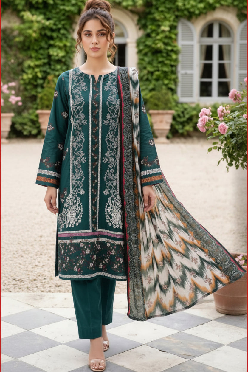 3-PIECE UNSTITCHED PRINTED LAWN SUIT WITH CAMBRIC TROUSER- V6