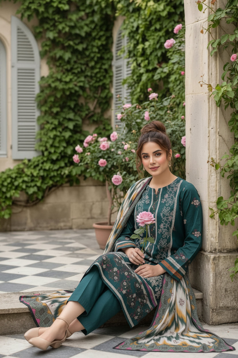3-PIECE UNSTITCHED PRINTED LAWN SUIT WITH CAMBRIC TROUSER- V6