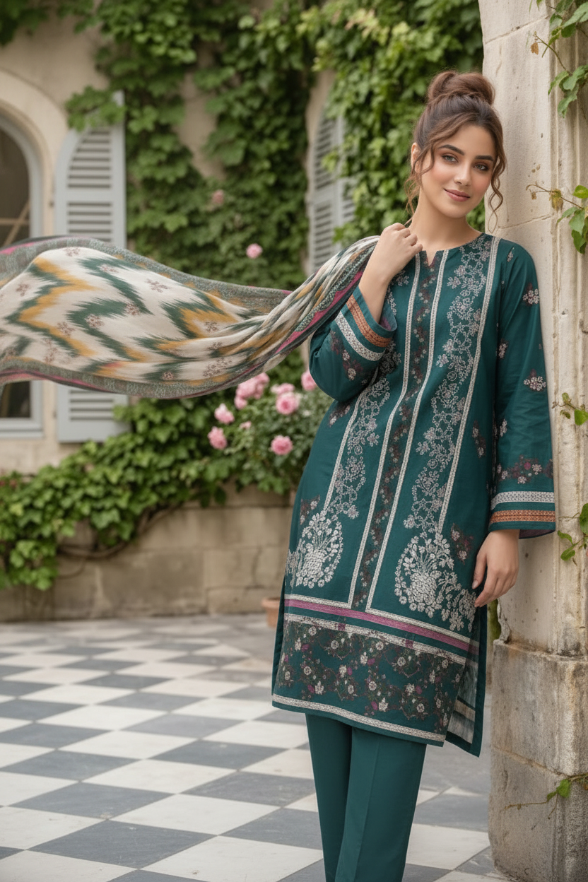 3-PIECE UNSTITCHED PRINTED LAWN SUIT WITH CAMBRIC TROUSER- V6