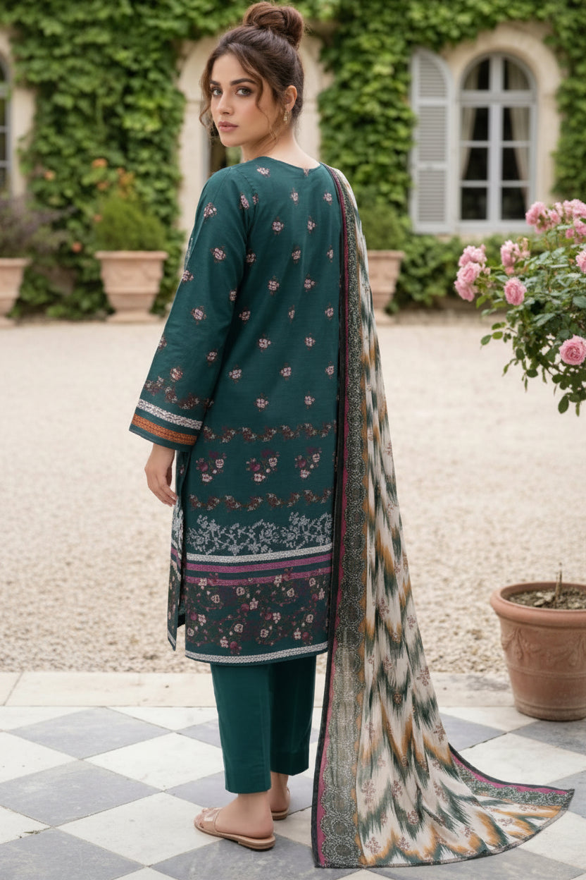3-PIECE UNSTITCHED PRINTED LAWN SUIT WITH CAMBRIC TROUSER- V6