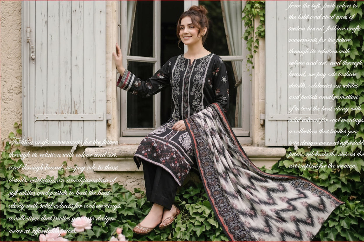 3-PIECE UNSTITCHED PRINTED LAWN SUIT WITH CAMBRIC TROUSER- V8