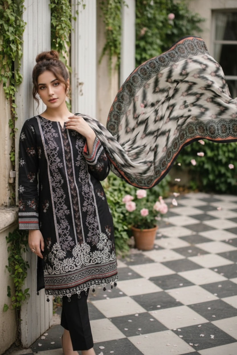 3-PIECE UNSTITCHED PRINTED LAWN SUIT WITH CAMBRIC TROUSER- V8