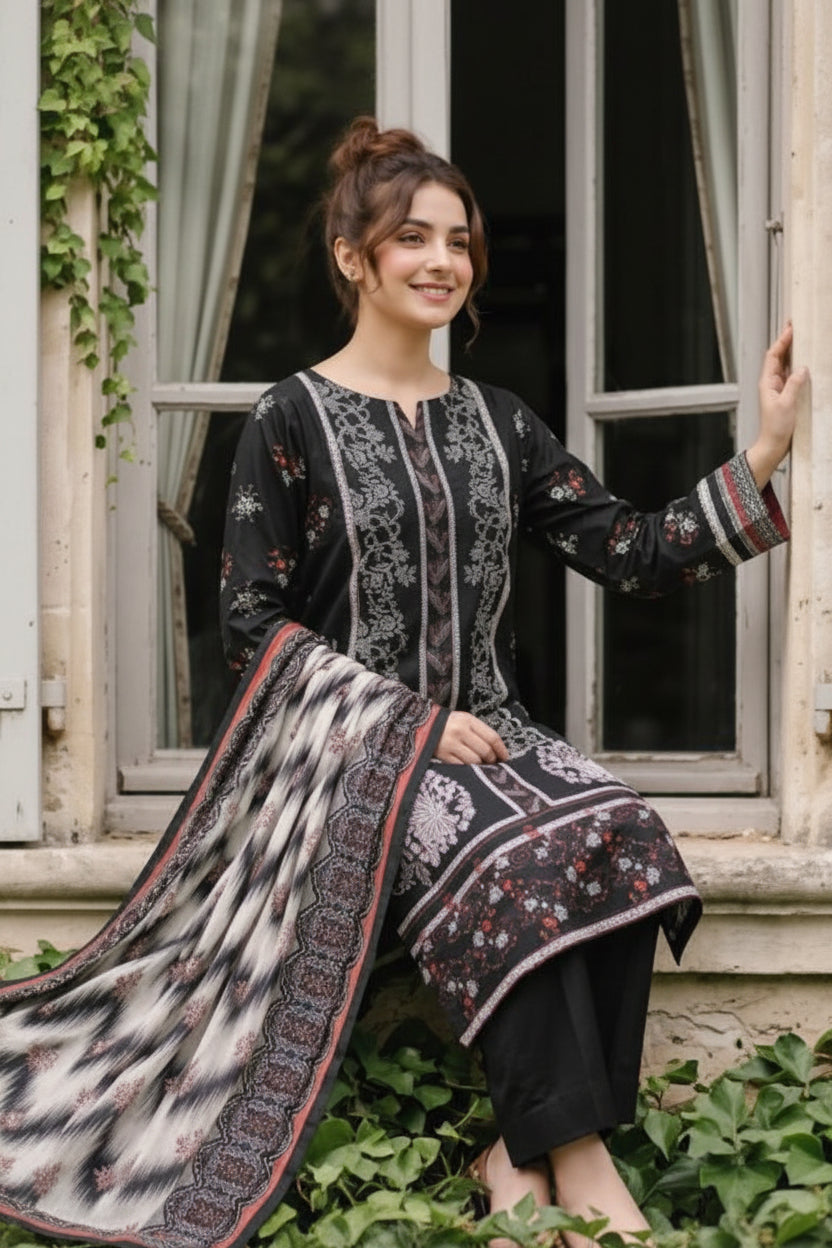 3-PIECE UNSTITCHED PRINTED LAWN SUIT WITH CAMBRIC TROUSER- V8