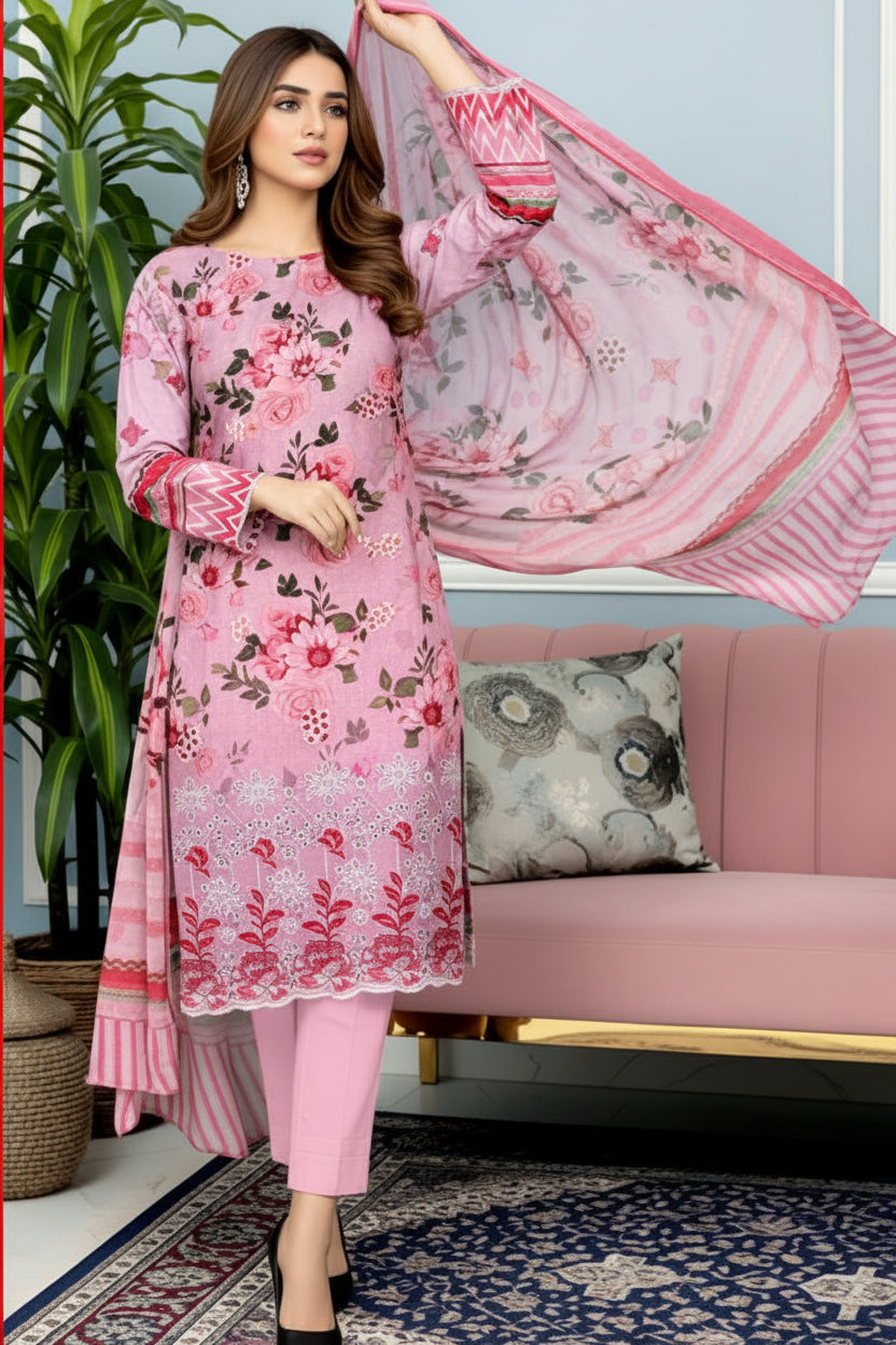 3-PIECE UNSTITCHED DIGITAL PRINTED AND EMBROIDED LAWN SUIT- V6