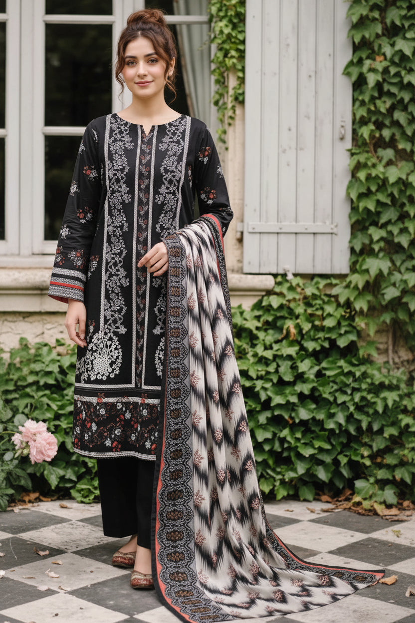 3-PIECE UNSTITCHED PRINTED LAWN SUIT WITH CAMBRIC TROUSER- V8