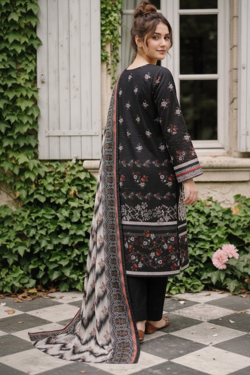 3-PIECE UNSTITCHED PRINTED LAWN SUIT WITH CAMBRIC TROUSER- V8