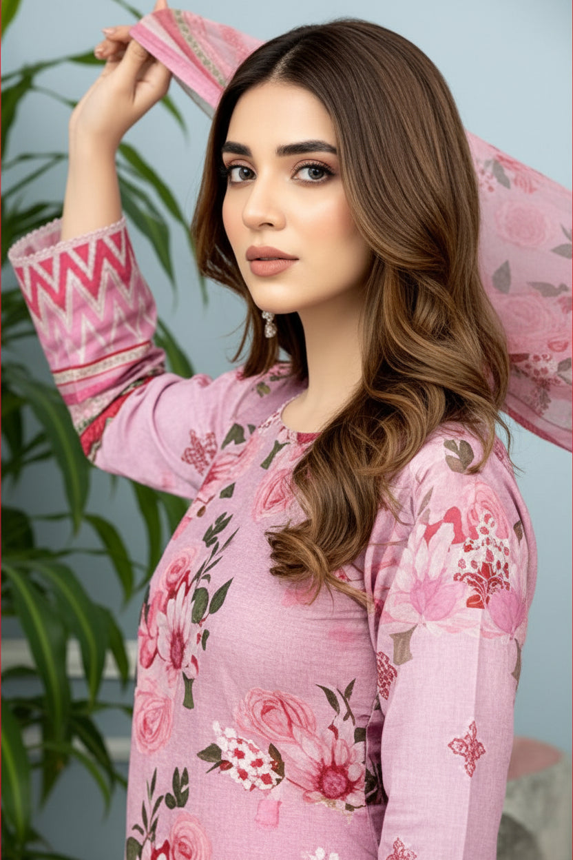 3-PIECE UNSTITCHED DIGITAL PRINTED AND EMBROIDED LAWN SUIT- V6
