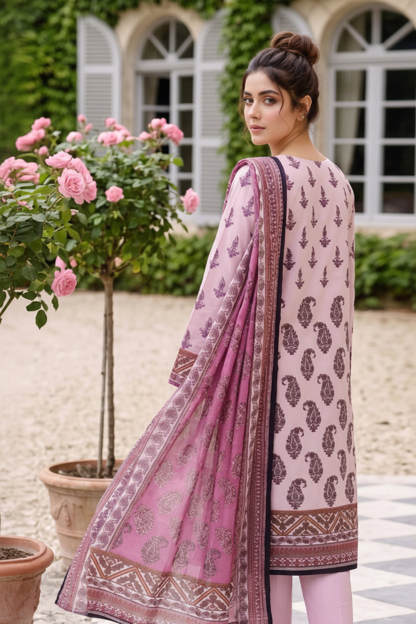 3-PIECE UNSTITCHED PRINTED LAWN SUIT WITH CAMBRIC TROUSER- V3