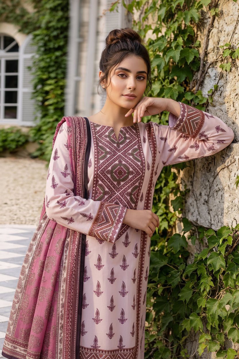 3-PIECE UNSTITCHED PRINTED LAWN SUIT WITH CAMBRIC TROUSER- V3