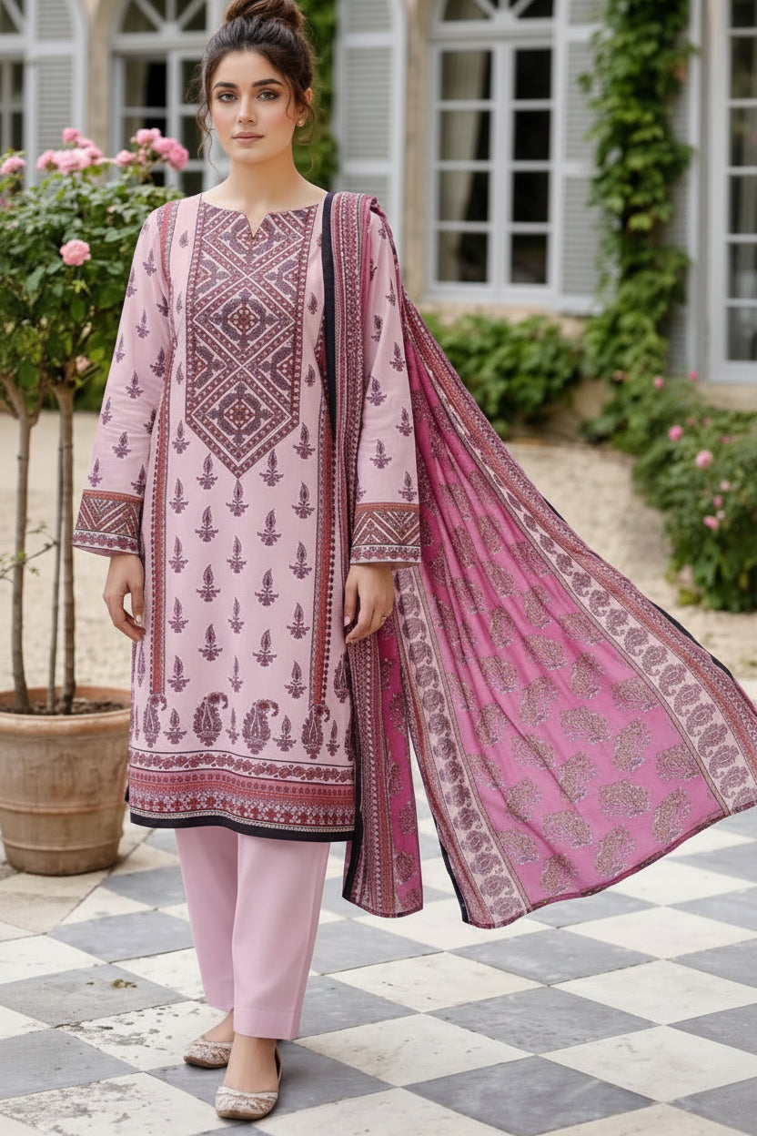 3-PIECE UNSTITCHED PRINTED LAWN SUIT WITH CAMBRIC TROUSER- V3