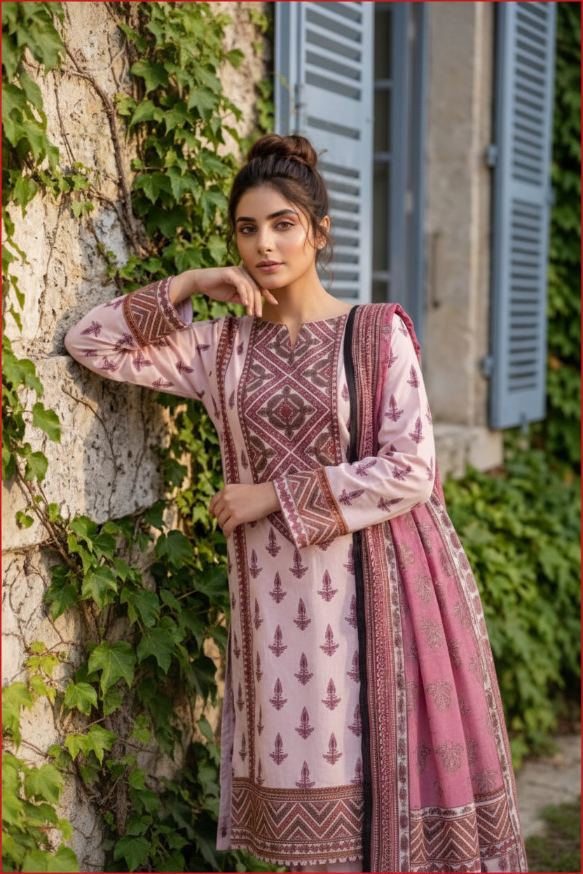3-PIECE UNSTITCHED PRINTED LAWN SUIT WITH CAMBRIC TROUSER- V3