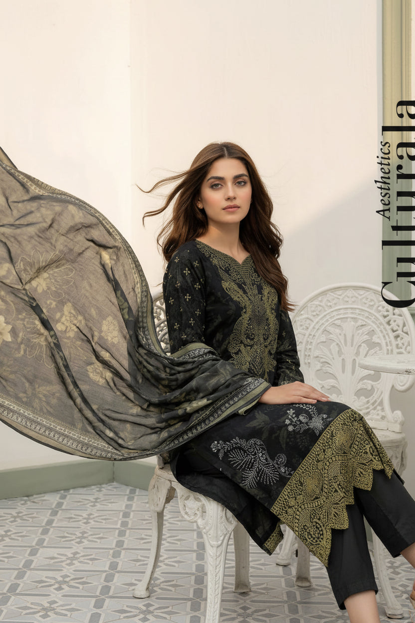 3-PIECE UNSTITCHED DIGITAL PRINTED AND EMBROIDED LAWN SUIT- V9