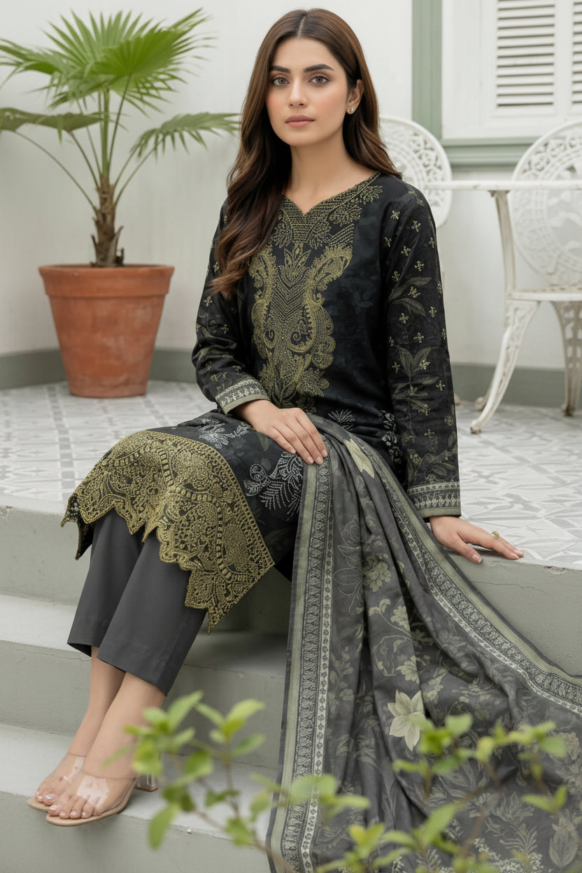 3-PIECE UNSTITCHED DIGITAL PRINTED AND EMBROIDED LAWN SUIT- V9