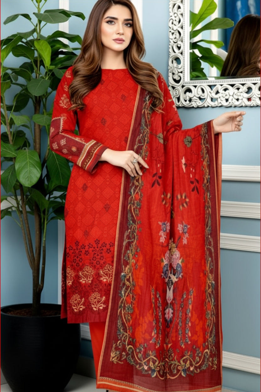 3-PIECE UNSTITCHED DIGITAL PRINTED AND EMBROIDED LAWN SUIT- V5
