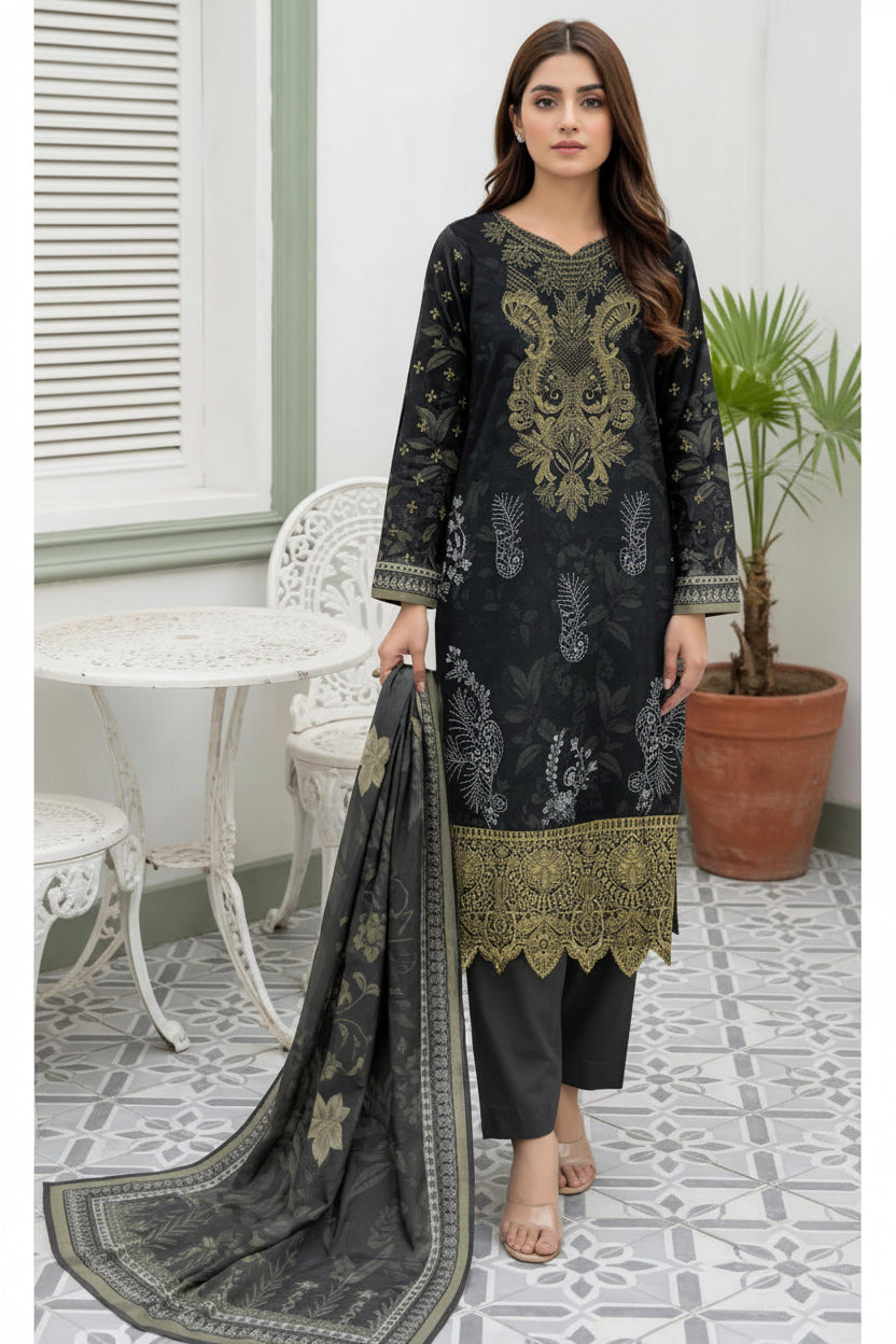 3-PIECE UNSTITCHED DIGITAL PRINTED AND EMBROIDED LAWN SUIT- V9