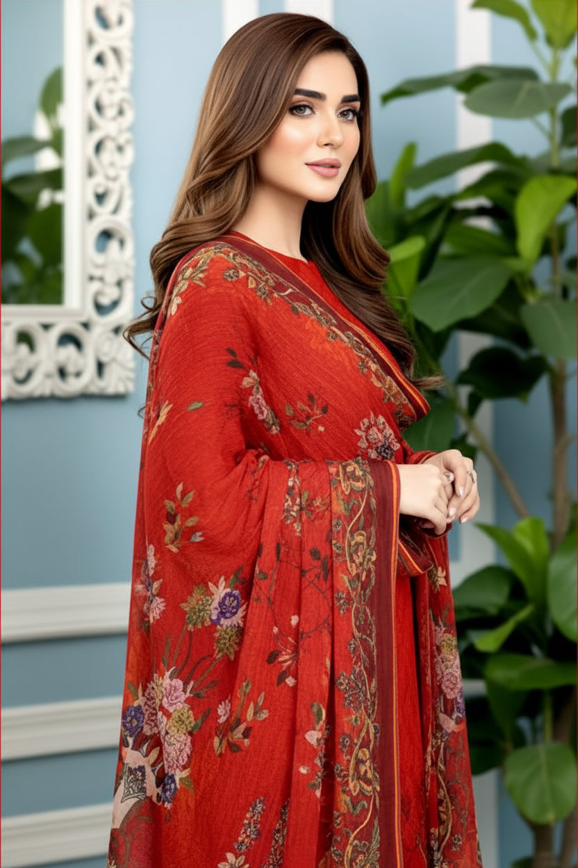 3-PIECE UNSTITCHED DIGITAL PRINTED AND EMBROIDED LAWN SUIT- V5
