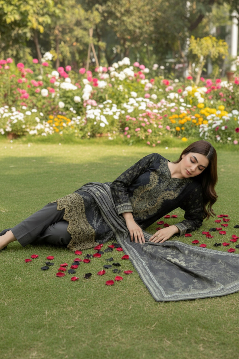 3-PIECE UNSTITCHED DIGITAL PRINTED AND EMBROIDED LAWN SUIT- V9