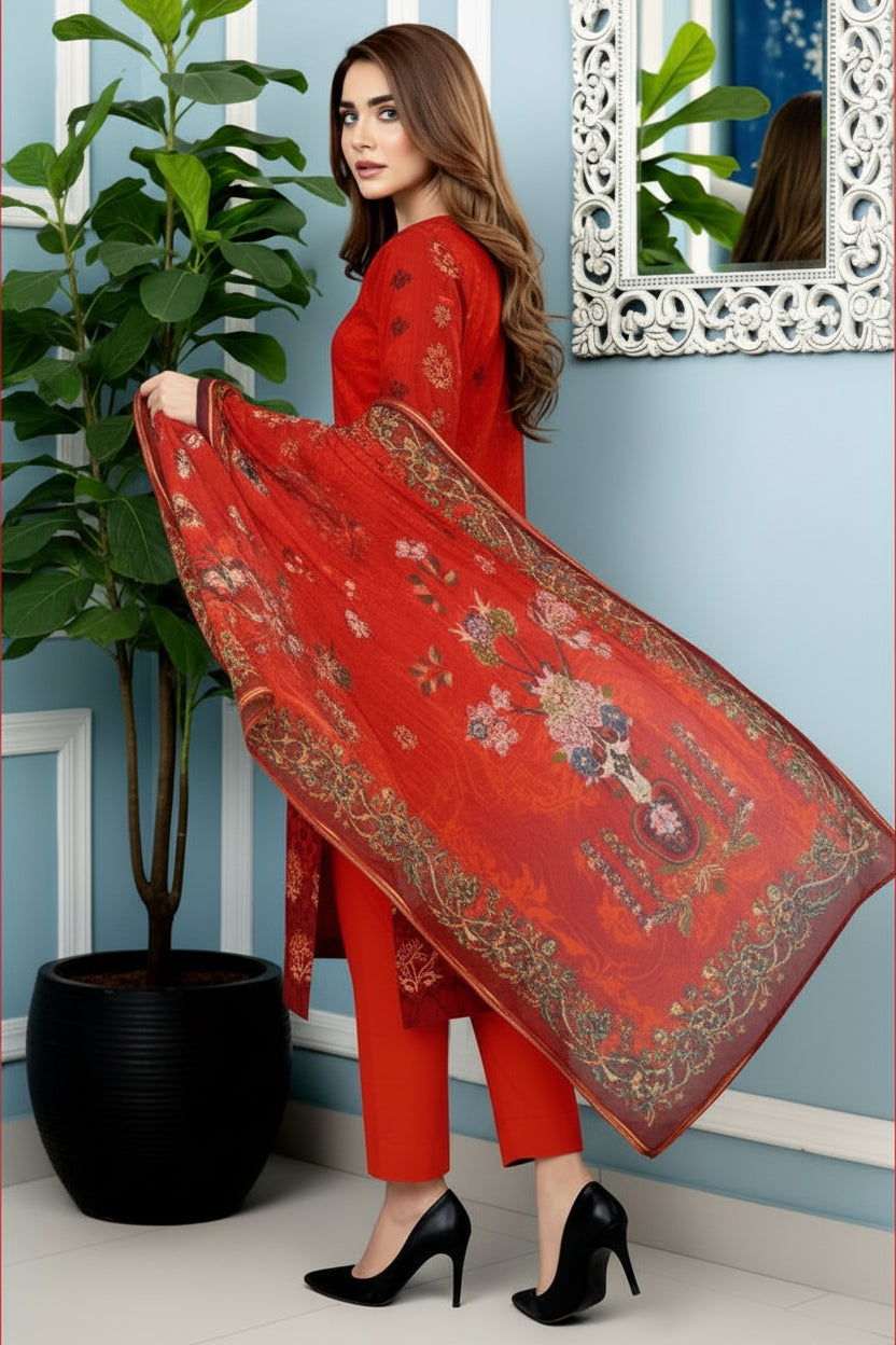 3-PIECE UNSTITCHED DIGITAL PRINTED AND EMBROIDED LAWN SUIT- V5