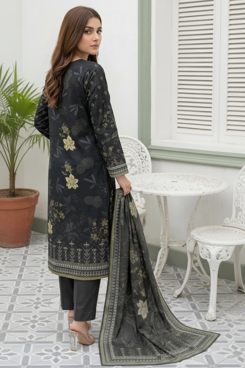 3-PIECE UNSTITCHED DIGITAL PRINTED AND EMBROIDED LAWN SUIT- V9