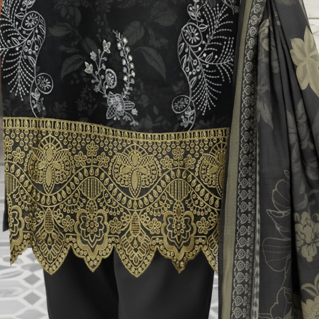 3-PIECE UNSTITCHED DIGITAL PRINTED AND EMBROIDED LAWN SUIT- V9