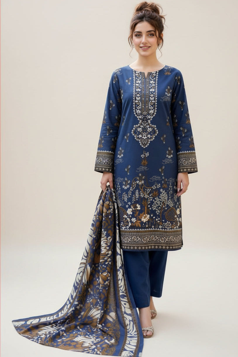 3-PIECE UNSTITCHED PRINTED LAWN SUIT WITH CAMBRIC TROUSER- V12