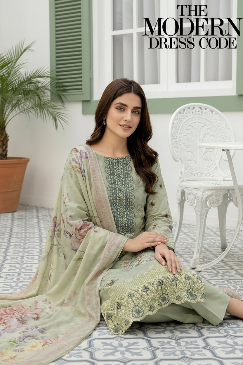 3-PIECE UNSTITCHED DIGITAL PRINTED AND EMBROIDED LAWN SUIT- V10