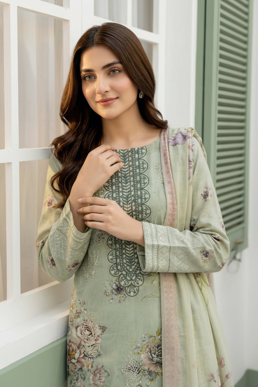 3-PIECE UNSTITCHED DIGITAL PRINTED AND EMBROIDED LAWN SUIT- V10