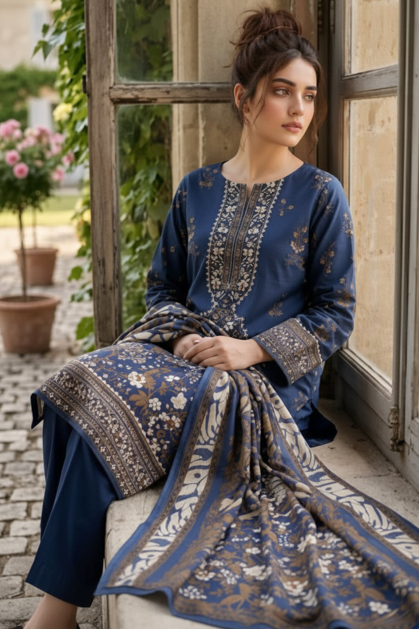 3-PIECE UNSTITCHED PRINTED LAWN SUIT WITH CAMBRIC TROUSER- V12