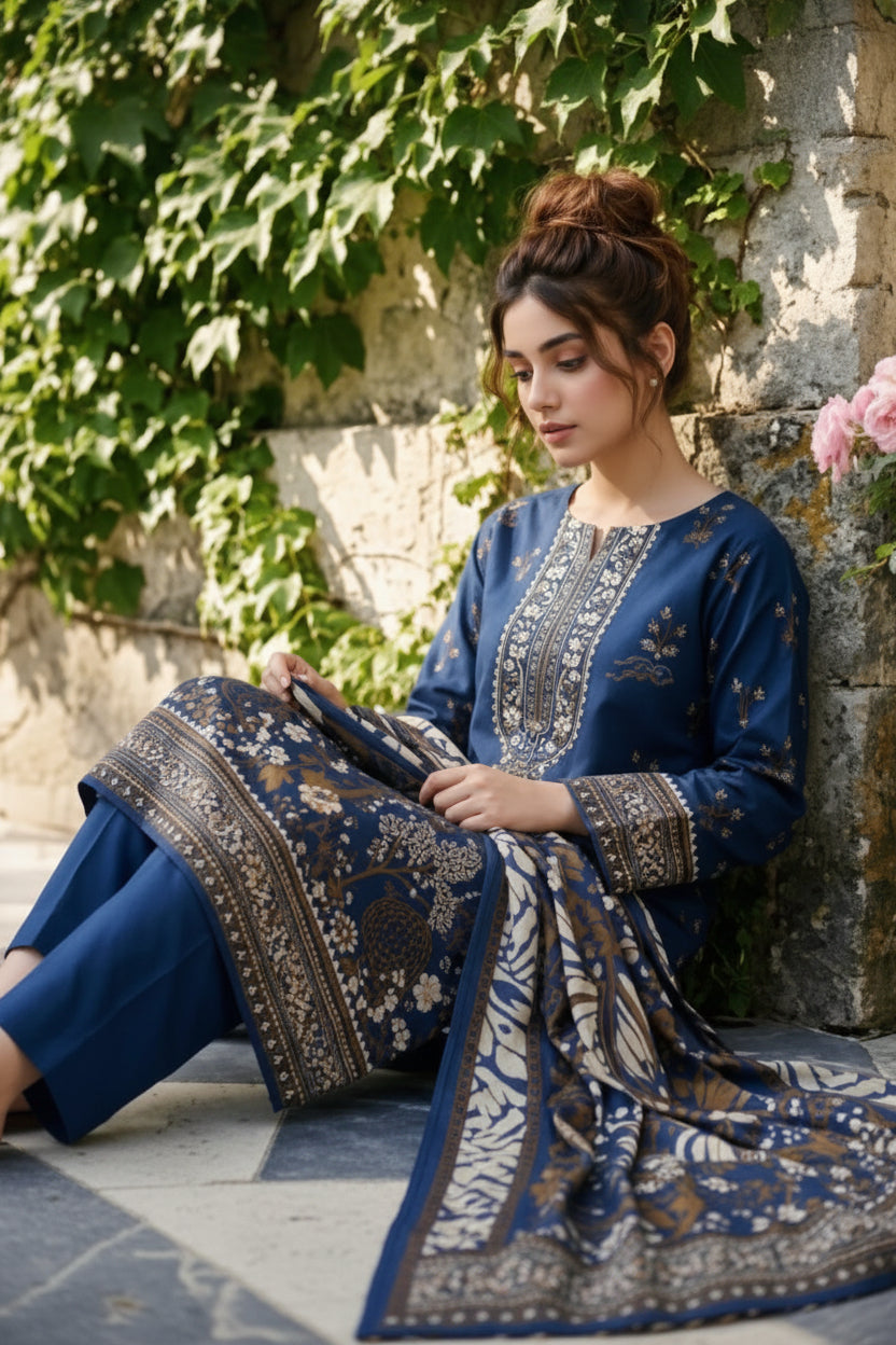 3-PIECE UNSTITCHED PRINTED LAWN SUIT WITH CAMBRIC TROUSER- V12