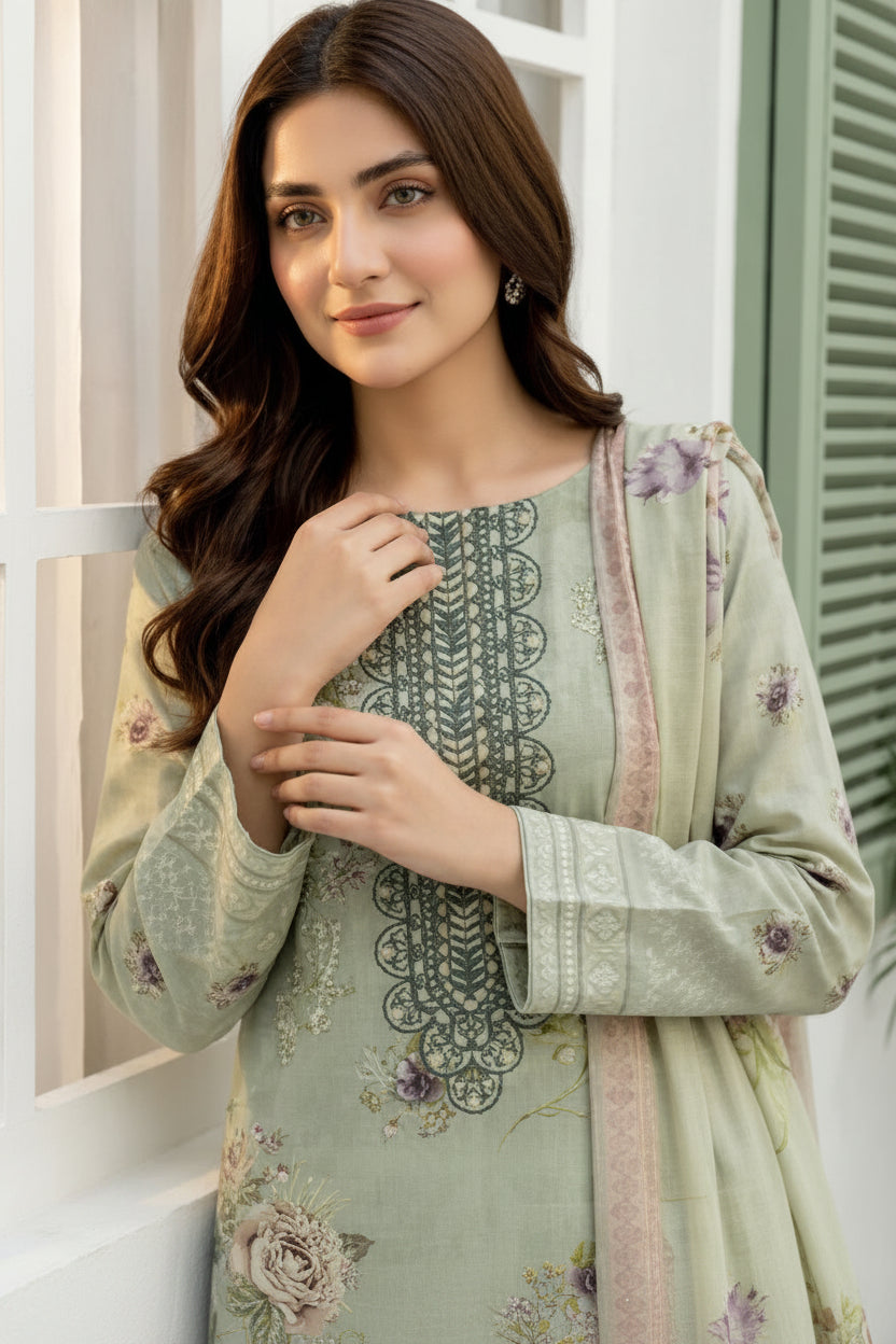 3-PIECE UNSTITCHED DIGITAL PRINTED AND EMBROIDED LAWN SUIT- V10