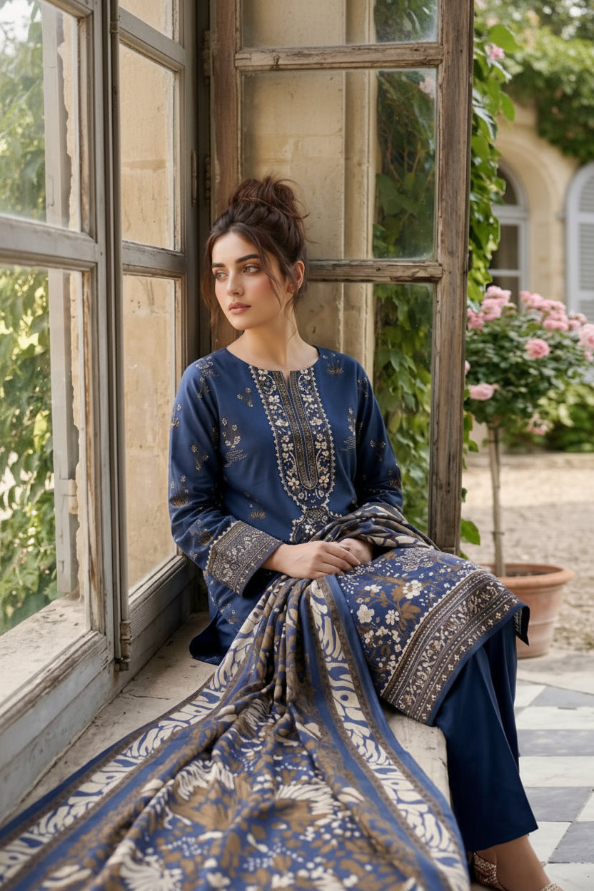 3-PIECE UNSTITCHED PRINTED LAWN SUIT WITH CAMBRIC TROUSER- V12