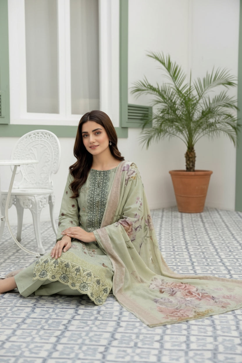 3-PIECE UNSTITCHED DIGITAL PRINTED AND EMBROIDED LAWN SUIT- V10