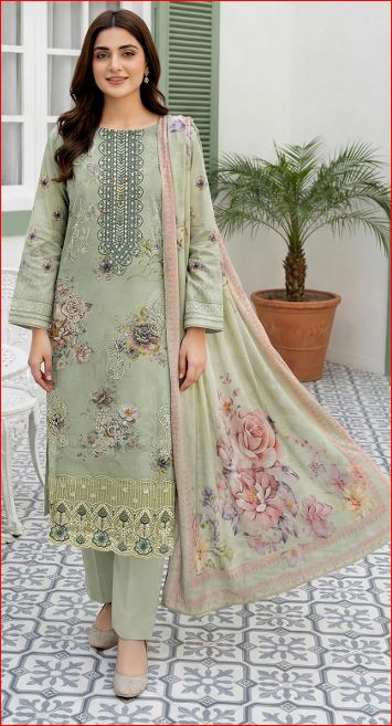 3-PIECE UNSTITCHED DIGITAL PRINTED AND EMBROIDED LAWN SUIT- V10