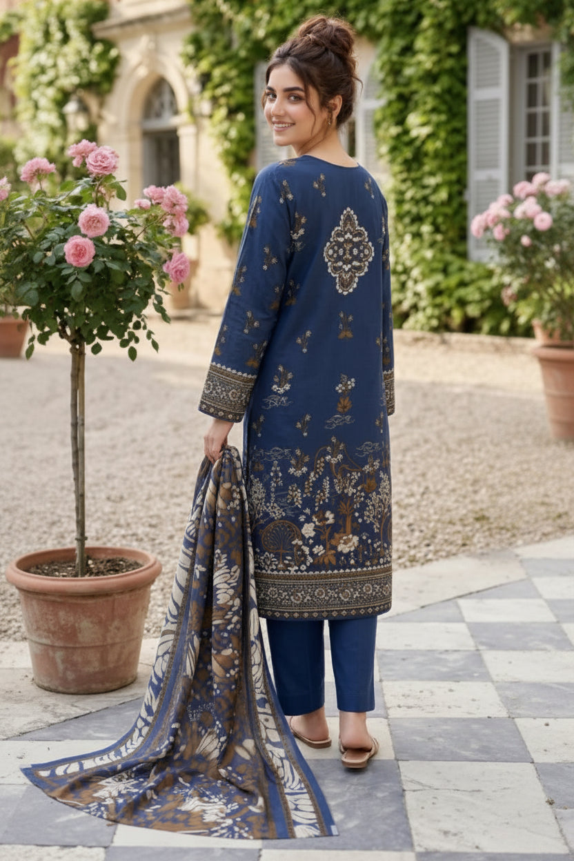 3-PIECE UNSTITCHED PRINTED LAWN SUIT WITH CAMBRIC TROUSER- V12